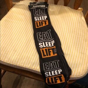 Savvy Black Crew Socks with White and Orange 'EAT SLEEP LIFT' Print